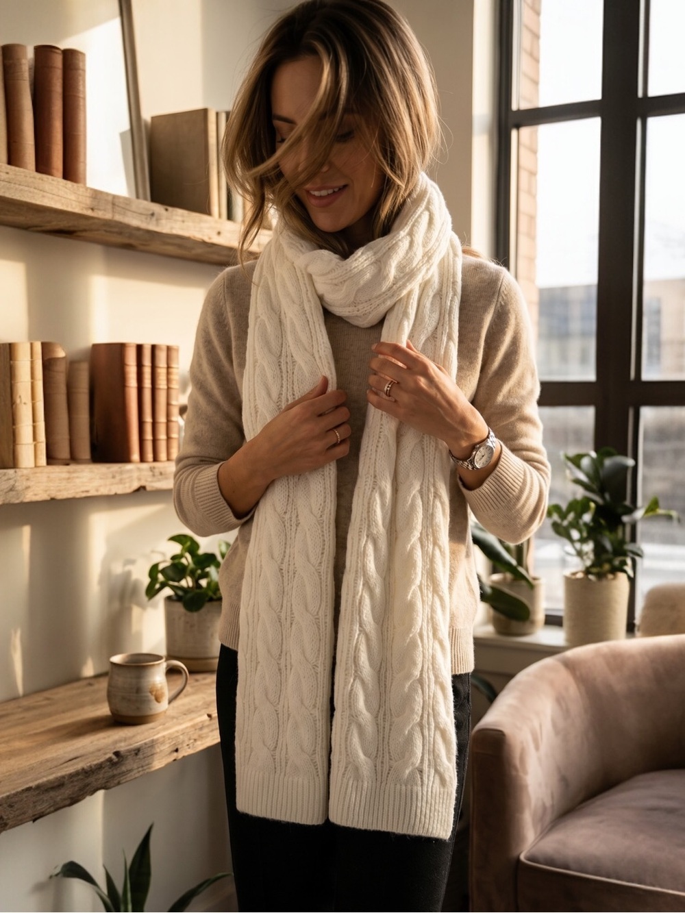 Bluenotes White Cable-Knit Scarf